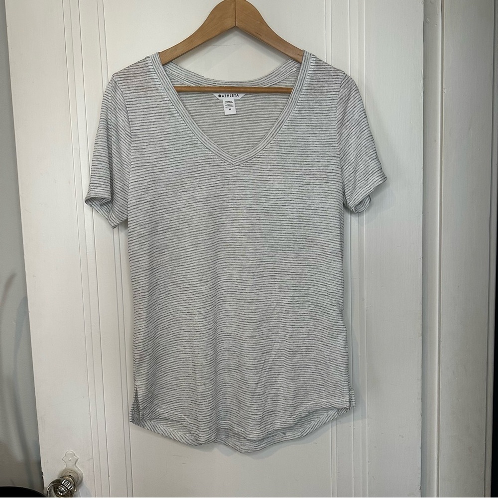 Athleta Gray Striped V-Neck Tee